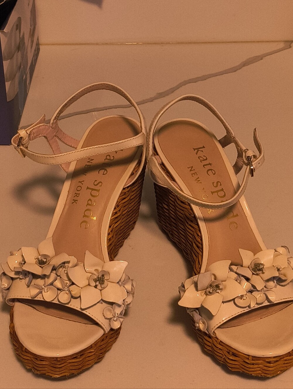 kate spade Ivory Floral Wedge Sandals with Woven Platform